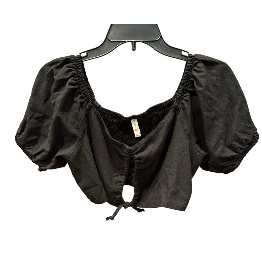 NWOT PacSun Black Linen crop top Medium bubble sleeve stretch Festival Summer